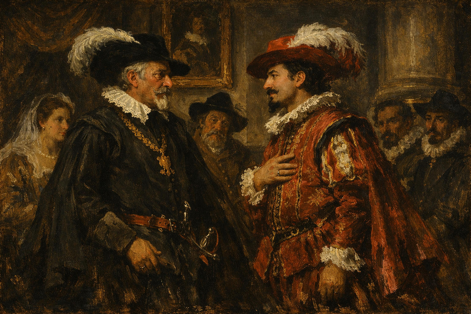 Antoine de Roquelaure rencontrant Concino Concini, maréchal d’Ancre, au Louvre