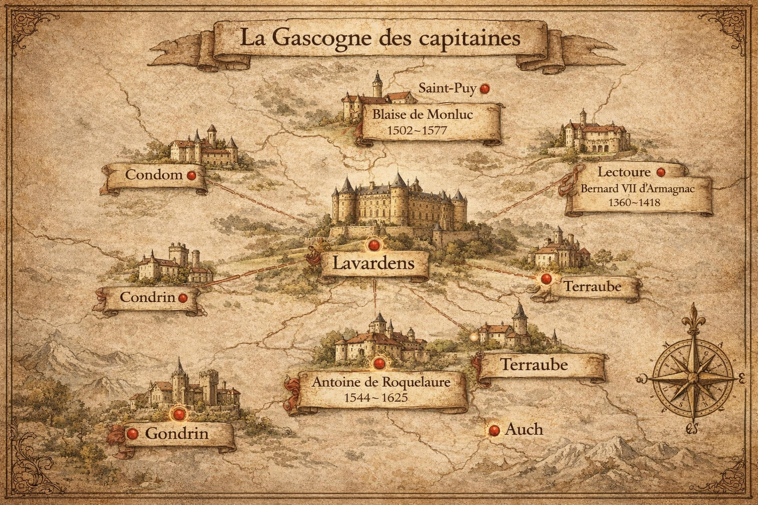 Carte des capitaines gascons autour de Lavardens — Saint-Puy, Roquelaure, Lectoure, Gondrin